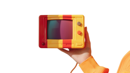 Hand holding vintage retro children's toy television with transparent background