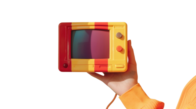 Hand holding vintage retro children's toy television with transparent background