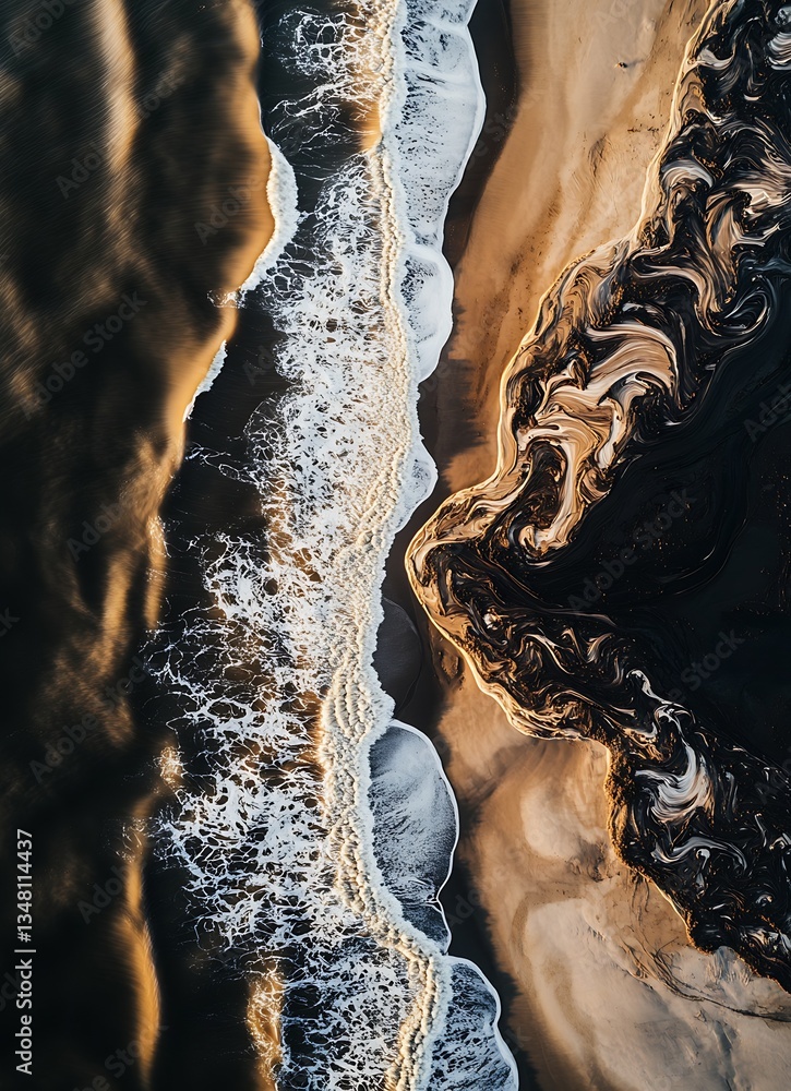 Poster stunning aerial capture of ocean waves merging with dark sand illustrating nature's patterns : gener