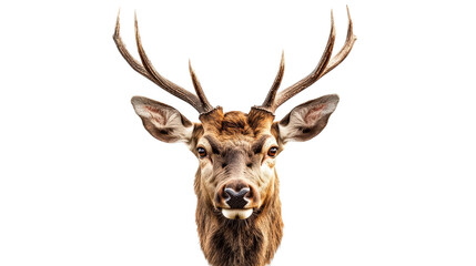 A striking deer head with sharp, prominent horns, capturing its noble and wild essence, isolated on a white background