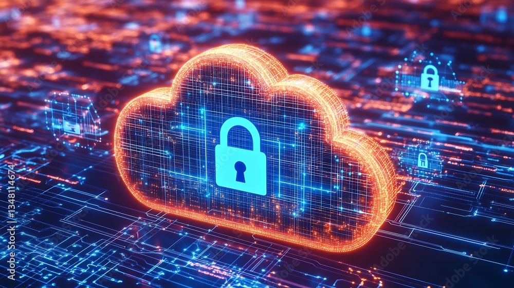 Poster futuristic cloud icon with security lock in digital environment showcasing advanced information prot