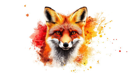 A striking red fox portrait with piercing eyes, surrounded by vibrant splashes of red, orange, and yellow paint, isolated on a white background