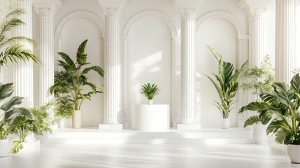 Minimalist white podium with a backdrop of classical columns and potted plants, creating an elegant and serene space for product displays or presentations. Ideal for showcasing luxury goods, cosmetics