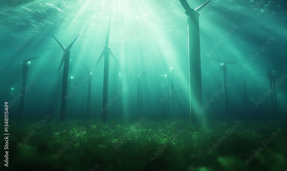 Poster underwater wind turbines surrounded by sunlight filtering through the water.