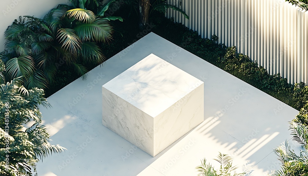 Aufkleber Top view of a pristine white cubic structure amidst tropical plants in a serene outdoor setting : Generative AI
