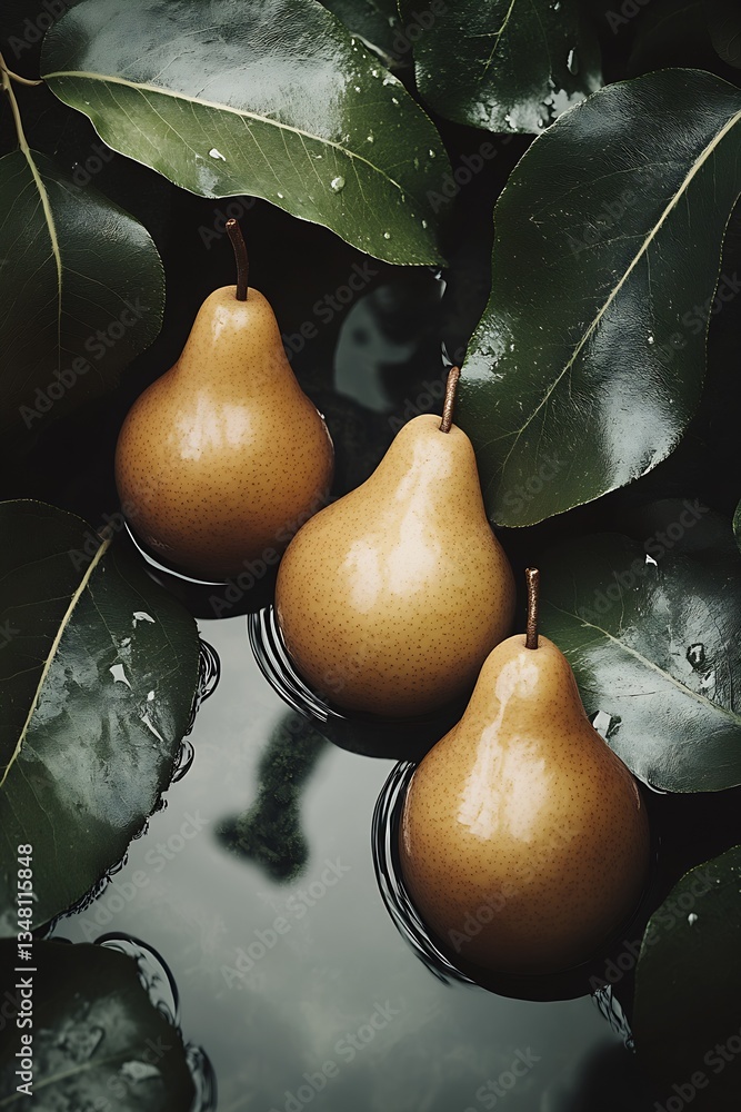Poster vibrant display of three golden pears amid lush foliage in a calm reflective water setting : generat