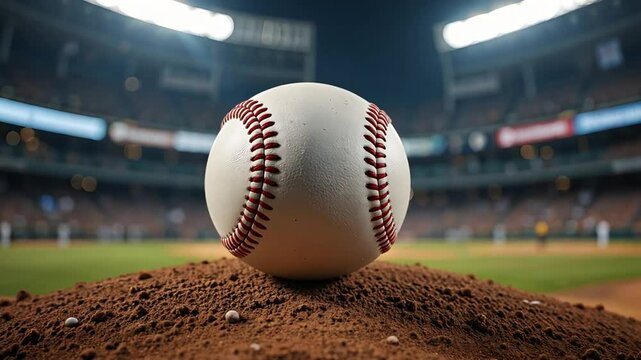 Close-up of a baseball resting on the pitcher's mound in a stadium, capturing the essence of the game with stadium lights in the background.
