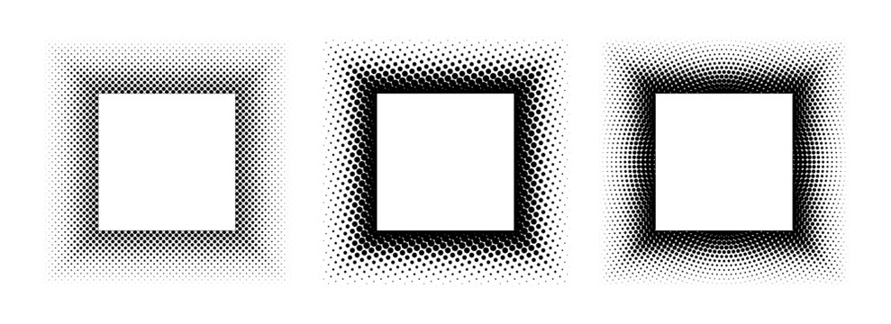Black halftone square frame set. Dotted gradient border collection. Pop art comic dot picture holder design for banner template, emblem, poster, box, copy space. Vector rasterized framing element pack