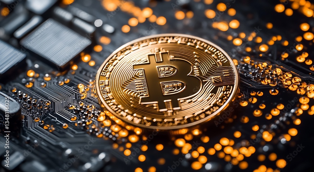 Leinwandbilder close up of a gleaming bitcoin coin on a high tech circuit board illuminated by bright orange lights