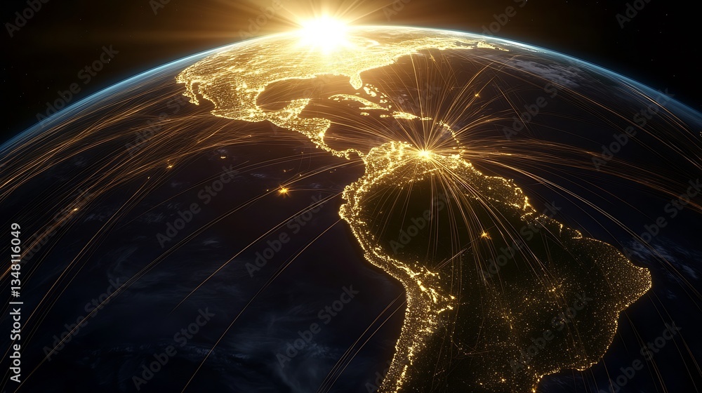 Poster breathtaking aerial view of earth showcasing city lights and illuminated continents connected by tec