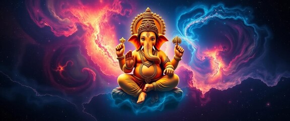 Ganesha, cosmic backdrop, swirling nebulae, infinite power, Hindu,  spiritual awakening