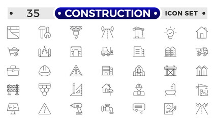 Construction outline icon collection set. Containing building, project, skyscraper, crane, build, equipment, prepared icon.
