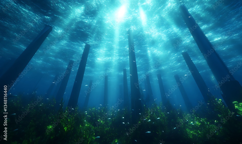 Poster underwater scene with sun rays illuminating aquatic life and submerged pillars.