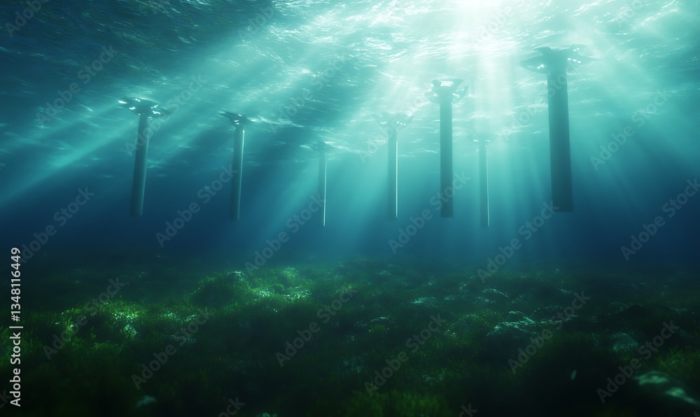 Fototapete Underwater scene with vertical structures illuminated by sunlight filtering through the water.