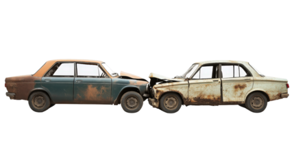 Two cars involved in a side-impact collision, showing dents and scratches on both vehicles, isolated on a white background