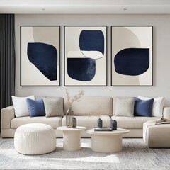 Modern abstract art prints on cream-colored walls, set of three, showcasing navy blue and beige shapes