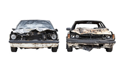 Two damaged cars after a head-on collision, showing crumpled front bumpers and broken headlights, isolated on a white background