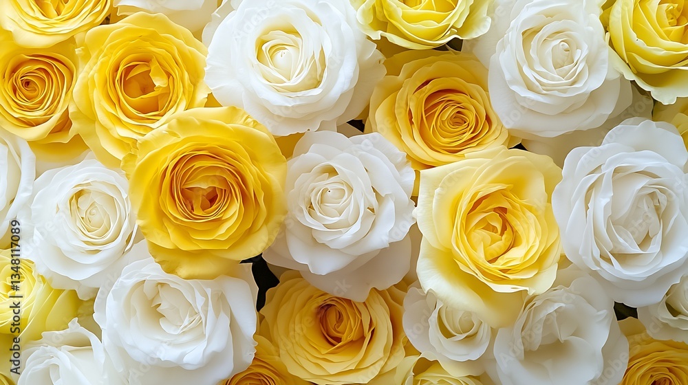 Poster Exquisite display of yellow and white roses creating a vibrant and inviting floral pattern for celebrations : Generative AI