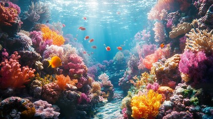 Obraz premium Colorful fish swim among vibrant coral reefs under sunlight