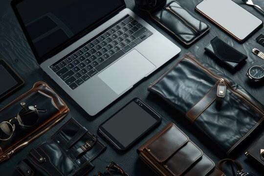 High Detail Picture of Set of Stylish Male Accessories and Laptop on Dark Background