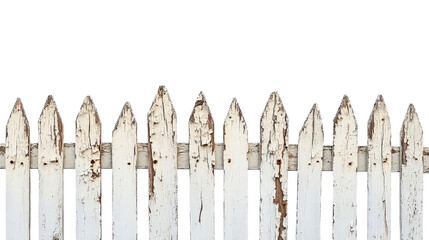 Obraz premium A classic old wooden picket fence with peeling white paint, showing signs of aging, isolated on a Transparent background, PNG file