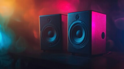 Two black studio monitor speakers on a dark surface illuminated by colorful spotlights. Perfect for music production, technology advertisements, or entertainment promotions.