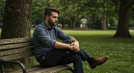 Pensive man sitting on a park bench contemplating nature, perfect for mental health and relaxation topics.
