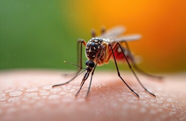 Fototapeta premium Macro shot of Aedes mosquito feeding on human skin. Vibrant colors highlight pest. Insect bite detail, sharp focus on bloodsucker, spreading disease, danger.