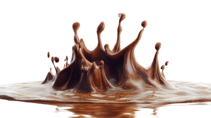A dramatic scene of melting chocolate erupting into a splash with intricate details of ripples and drips, isolated on a Transparent background, PNG file