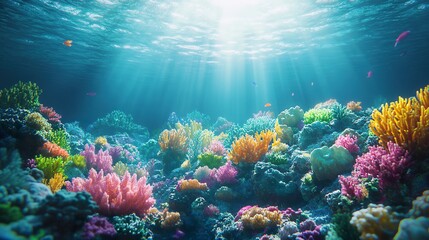 Obraz premium Colorful coral reefs thrive underwater with light from the surface
