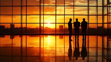 Three businessmen stand silhouetted against a breathtaking sunset cityscape viewed through expansive modern office reflecting the fiery sky.
