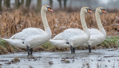 Obraz premium Swans standing in snowy field