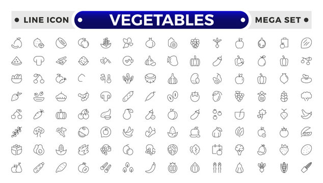 Vegetarian, vegetable, veggies outline icon set. Included the simple vector icons as tomato, cucumber, kohlrabi, cauliflower, pattypan squash, fiddleheads, daikon.