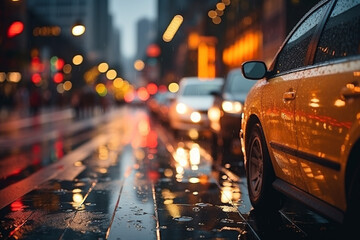 vibrant and atmospheric ambiance of a cityscape during a rainy evening, where merging hues of sunset and illumination of streetlights create a captivating cinematic experience