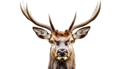 A majestic deer head with large, intricate antlers, showcasing natural beauty and elegance, isolated on a Transparent background, PNG file