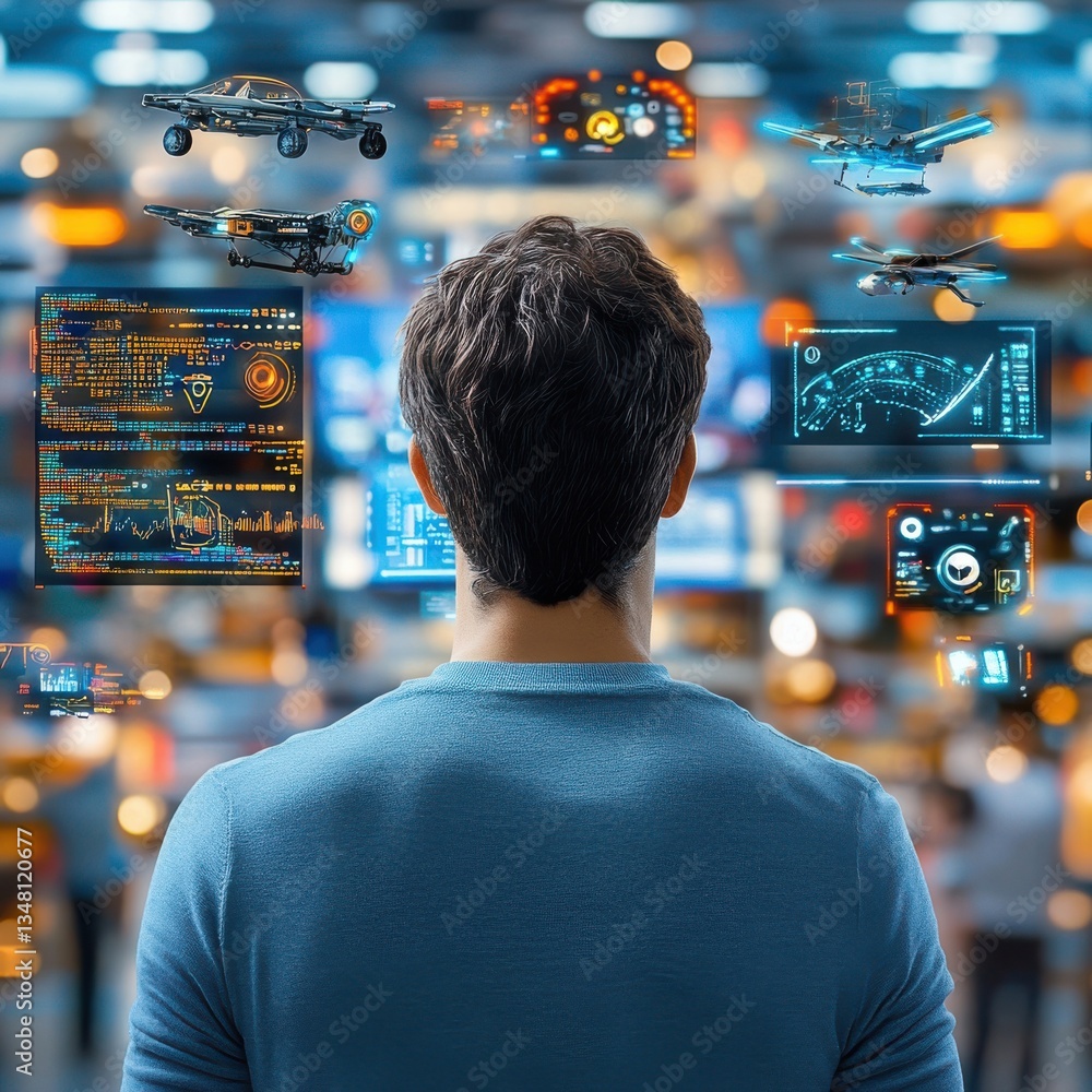 Poster man observing futuristic technology interface with data and vehicles