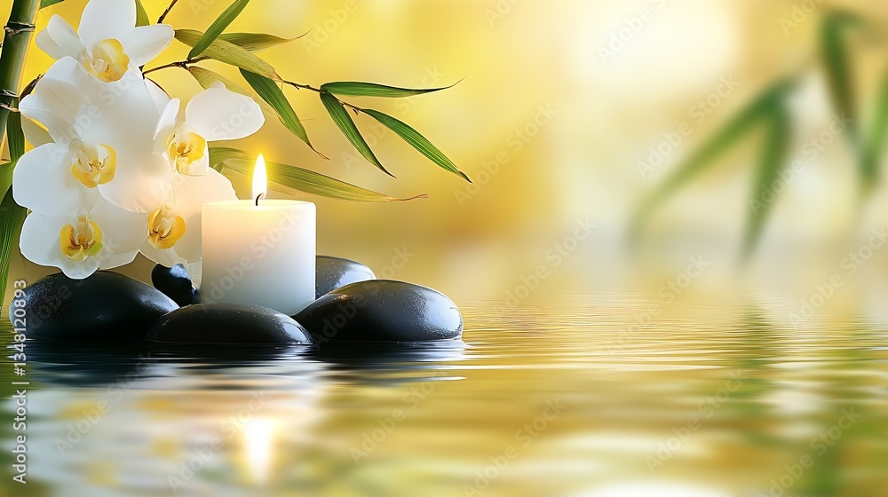 Aufkleber elegant composition of beautiful orchids with a glowing candle and polished stones on calm water : g