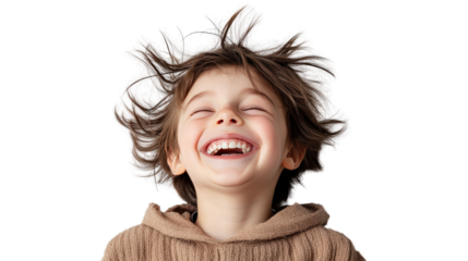 A playful child laughing out loud with their head slightly tilted back, showing excitement and energy, isolated on a Transparent background, PNG file