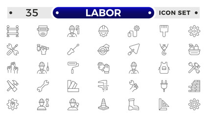 Labor outline icon set. Contains linear outline icons like Helmet, Screwdriver, Worker, Vest, Flag, Crane, Brick, Roller, Gear, Construction, Builder, Factory, Hardhat.