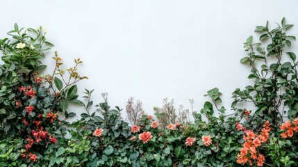 Naklejka premium Vibrant Flowers and Lush Green Foliage Against White Wall