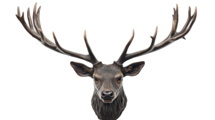 A proud deer head with tall, branching antlers, looking forward confidently, isolated on a Transparent background, PNG file