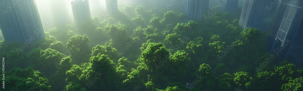 Poster Urban jungle blending nature and skyscrapers under soft light, showcasing harmony between architecture and greenery.