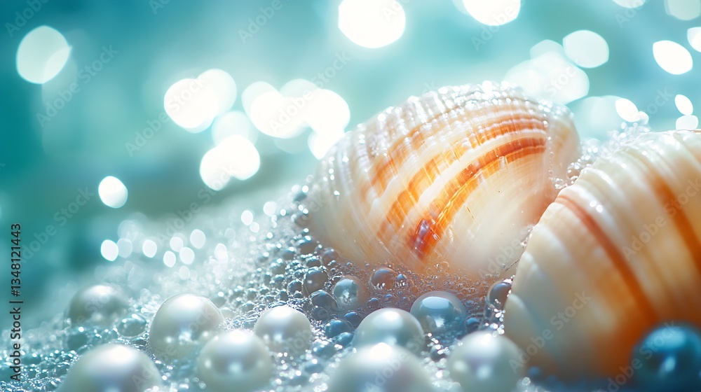 Aufkleber close-up of seashells surrounded by pearls and bubbles reflecting gentle ocean waves for a serene be
