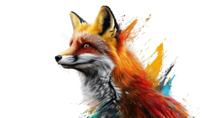 A red fox in a captivating portrait with a mix of realistic fur textures and colorful splashes of paint, giving a modern artistic touch, isolated on a white background