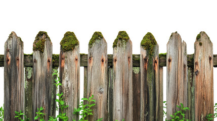 Fototapeta premium A rustic wooden fence with moss growing on the edges, showing age and texture, isolated on a white background