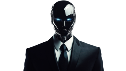 A sleek humanoid robot wearing a tailored black suit with a tie, standing confidently, isolated on a white background