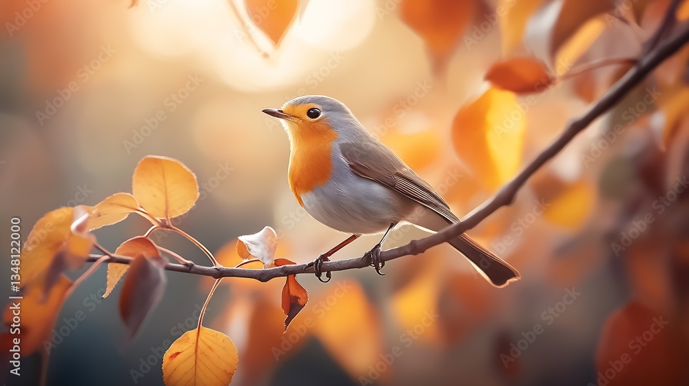 Poster captivating bird perched on autumn branch surrounded by golden leaves in soft light : generative ai