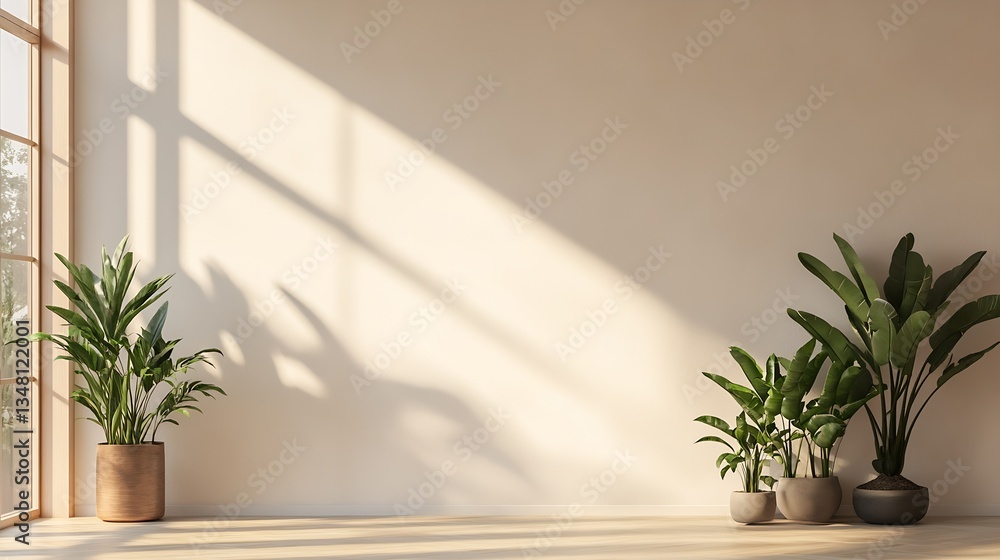 Poster stunning minimalistic interior with greenery and sunlight casting elegant shadows on smooth walls : 