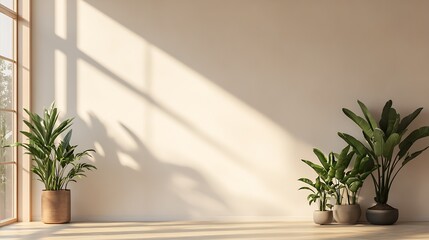 Stunning Minimalistic Interior with Greenery and Sunlight Casting Elegant Shadows on Smooth Walls : Generative AI