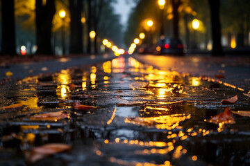 wet pavement becomes a canvas for streetlights to paint a moody and cinematic urban noir scene, transforming rainy street into a vibrant nocturnal masterpiece